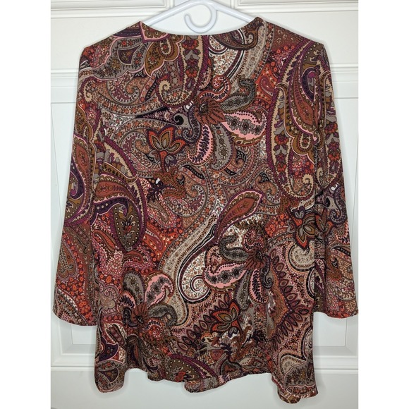 New Directions Rust Paisley V Neck Top Cold Shoulder 3/4 Sleeve Sz Petite L NEW - Picture 3 of 6